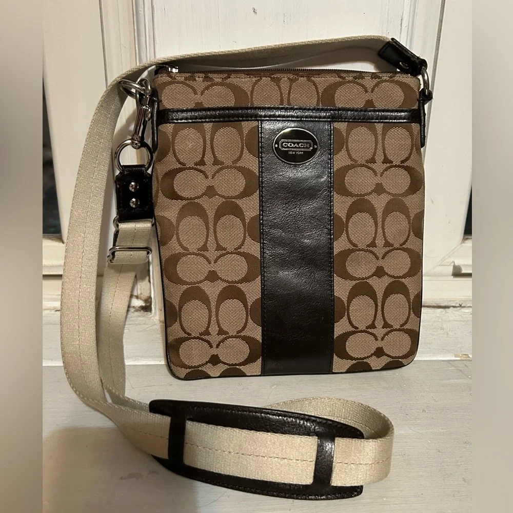 Coach Crossbody signature Cs in tan with brown leather & silver hardware. EUC - Picture 3 of 6